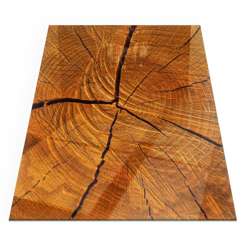 Plaque de sol rectangulaire en verre pour cheminée d'angle aspect bois en coupe transversale