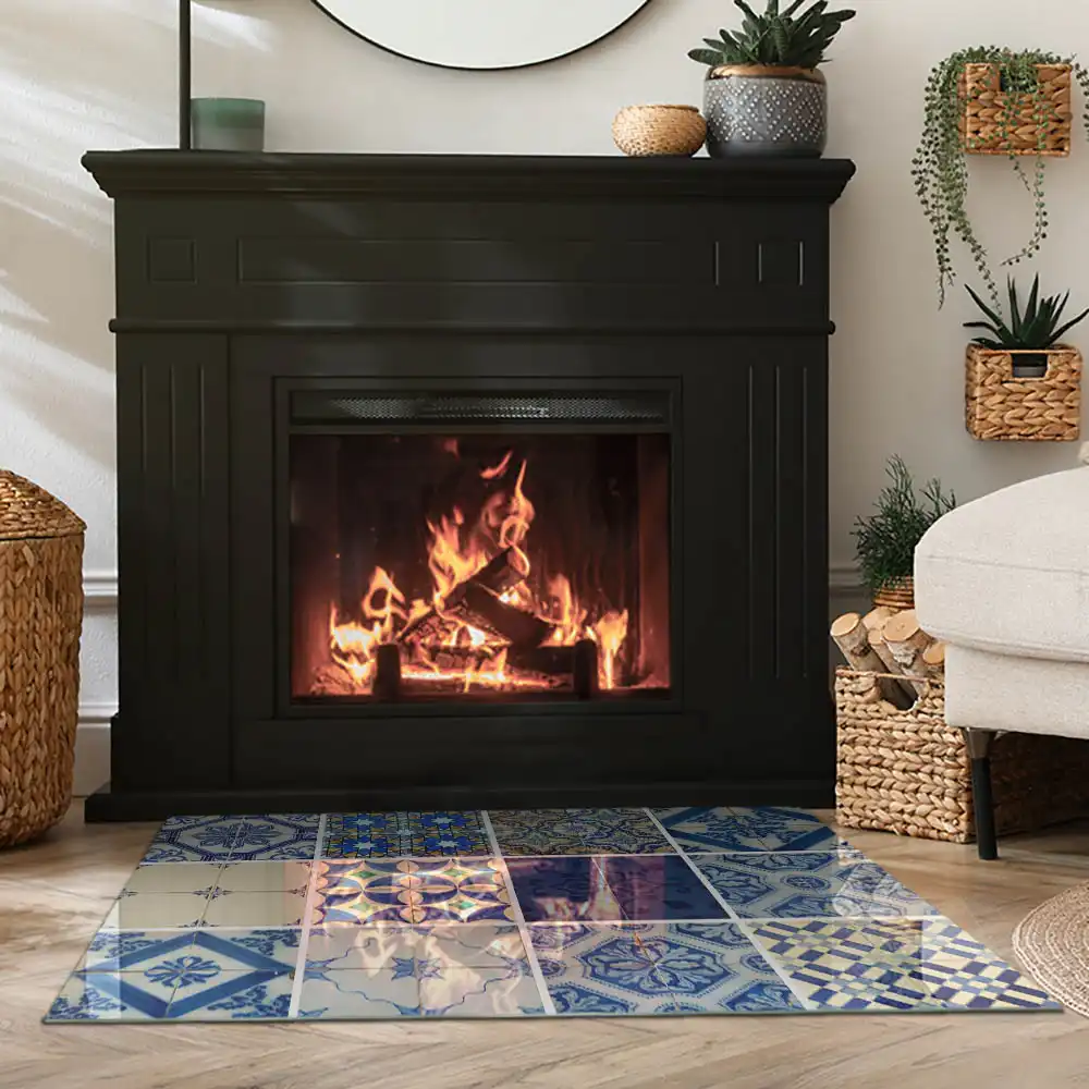 Plaque de sol rectangulaire pour poêle à bois avec motifs de carreaux de céramique