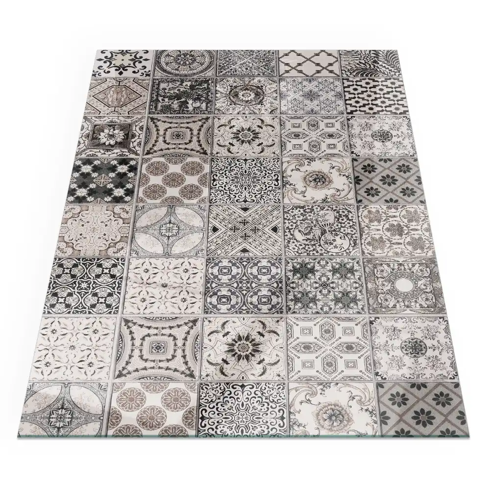 Plaque de sol rectangulaire en verre pour cheminée d'angle avec motifs de carreaux décoratifs