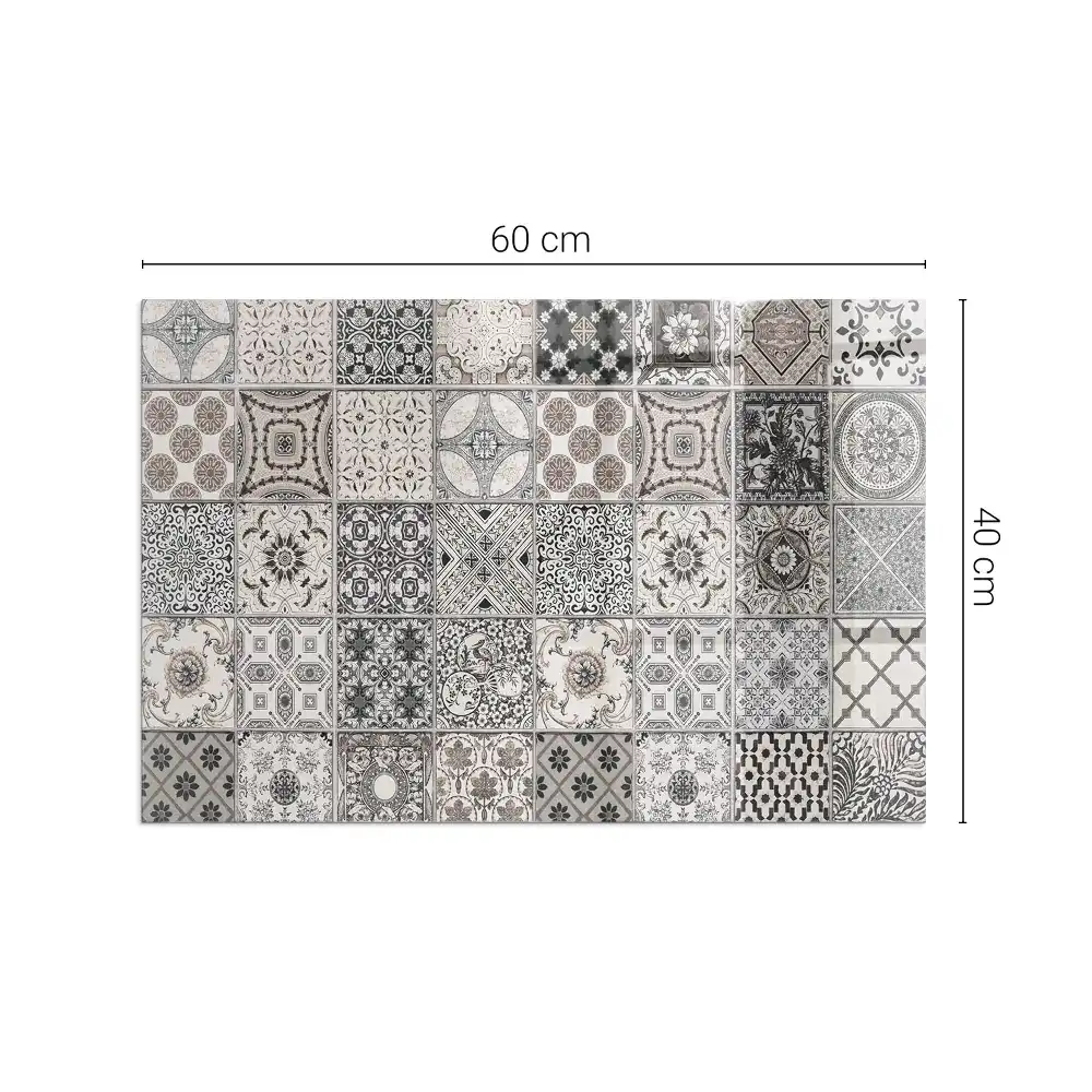 Plaque de sol rectangulaire en verre pour cheminée d'angle avec motifs de carreaux décoratifs
