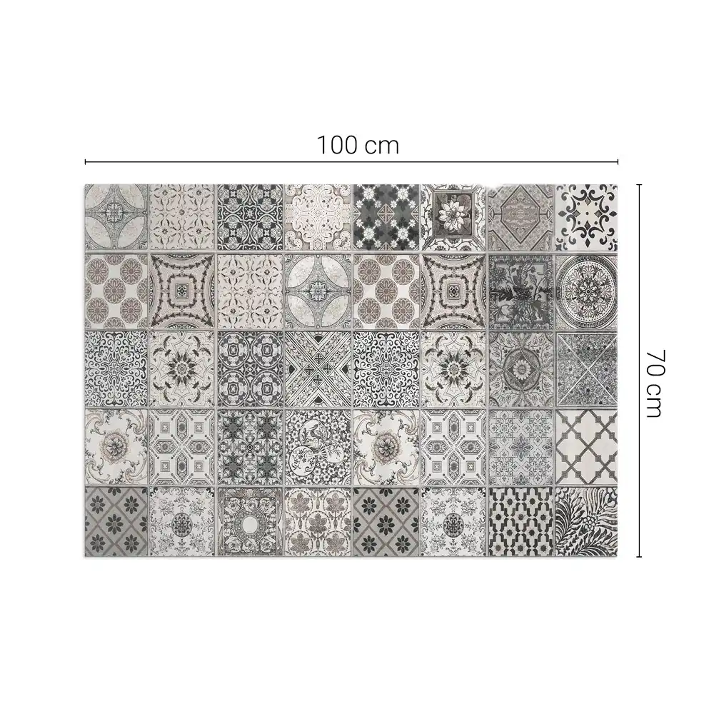 Plaque de sol rectangulaire en verre pour cheminée d'angle avec motifs de carreaux décoratifs