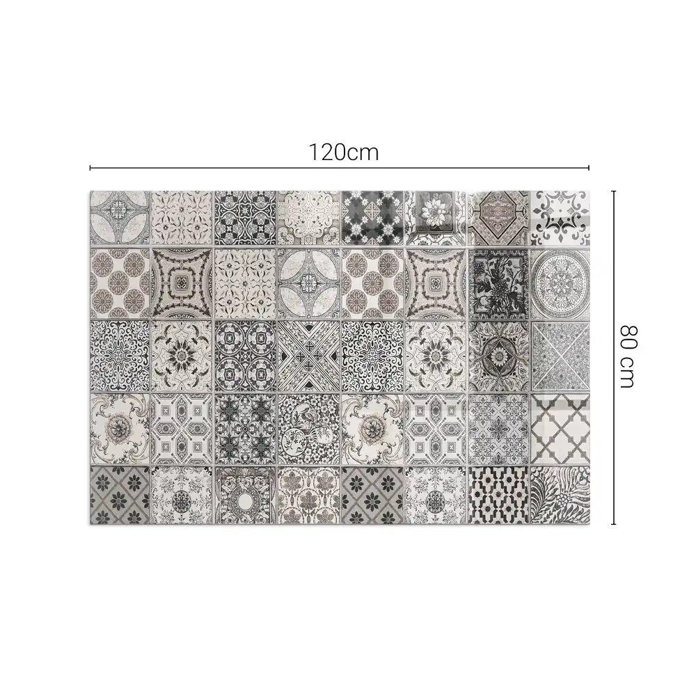 Plaque de sol rectangulaire en verre pour cheminée d'angle avec motifs de carreaux décoratifs