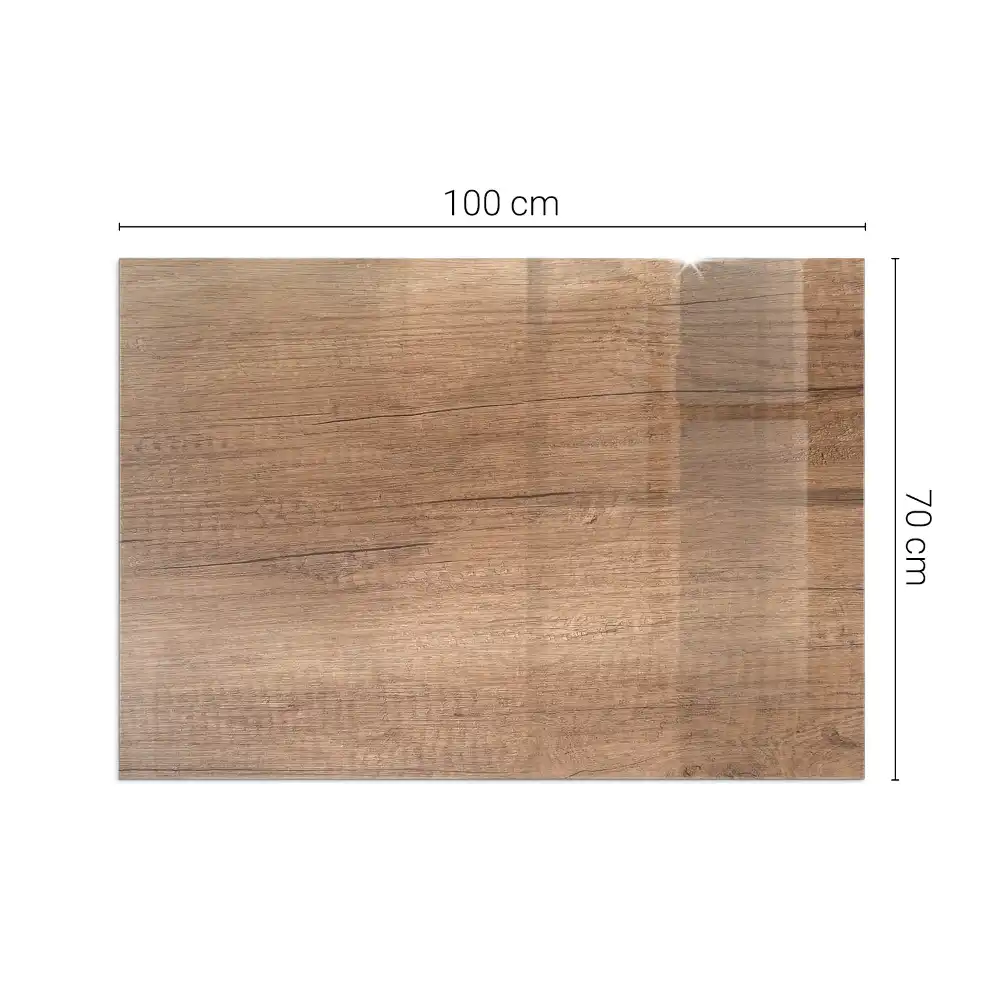 Plaque de sol rectangulaire en verre pour cheminée d'angle motif bois naturel