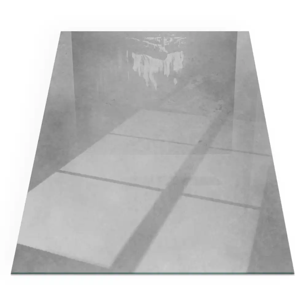 Plaque de sol rectangulaire pour cheminée d'angle en verre avec effet texture béton
