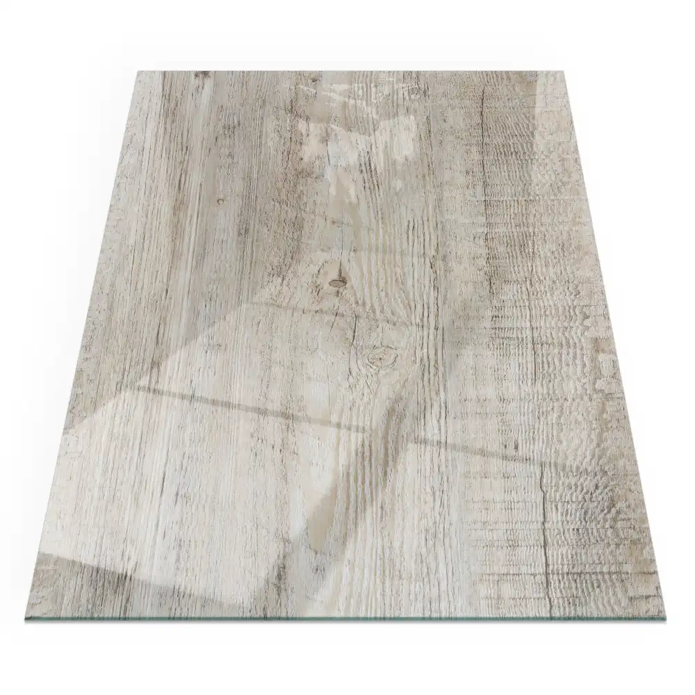 Plaque de sol rectangulaire en verre pour cheminée d'angle aspect bois clair