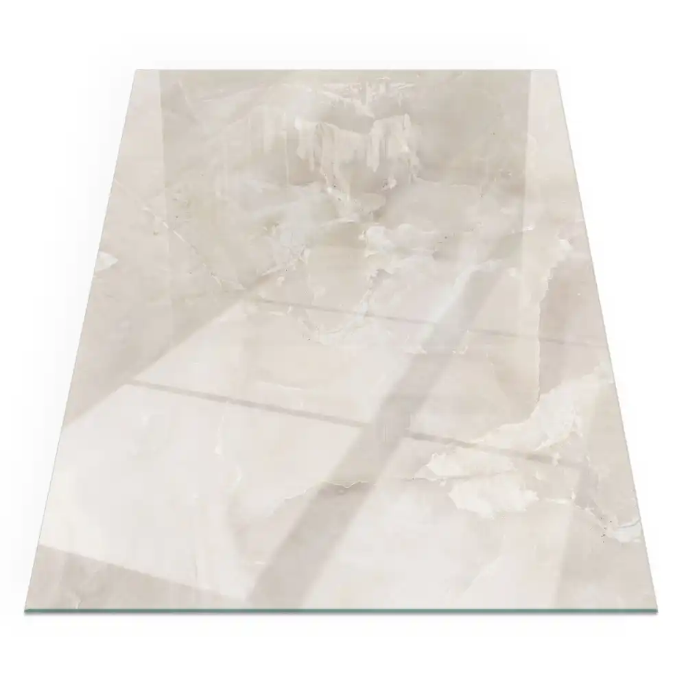 Plaque de sol rectangulaire en verre pour cheminée d'angle motif marbre naturel