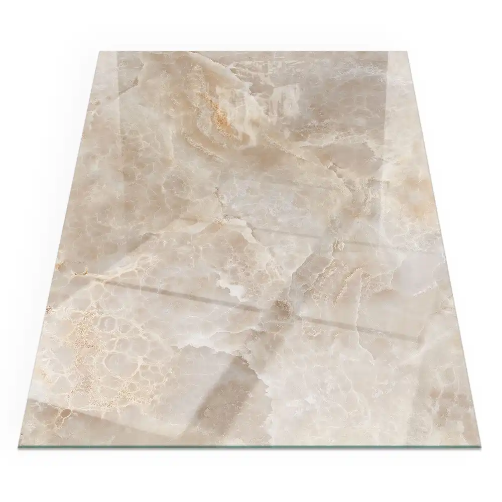 Plaque de sol rectangulaire en verre pour cheminée d'angle avec motif pierre naturelle