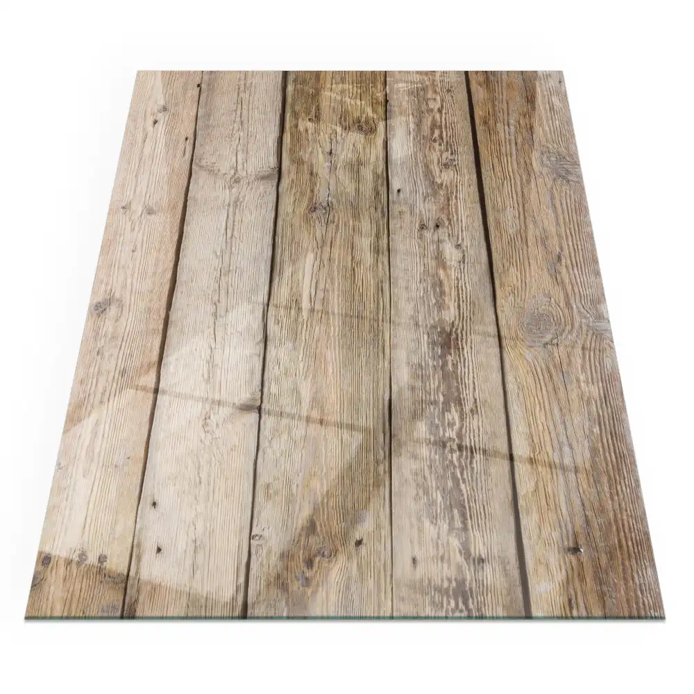 Plaque de sol rectangulaire en verre pour cheminée d'angle avec motif aspect planches de bois