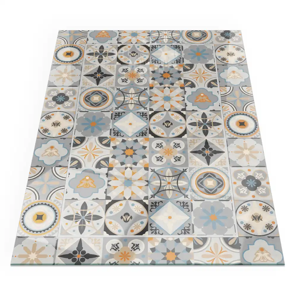 Plaque de sol rectangulaire en verre pour cheminée d'angle avec motif mosaïque