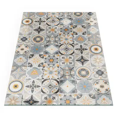 Plaque de sol rectangulaire en verre pour cheminée d'angle avec motif mosaïque