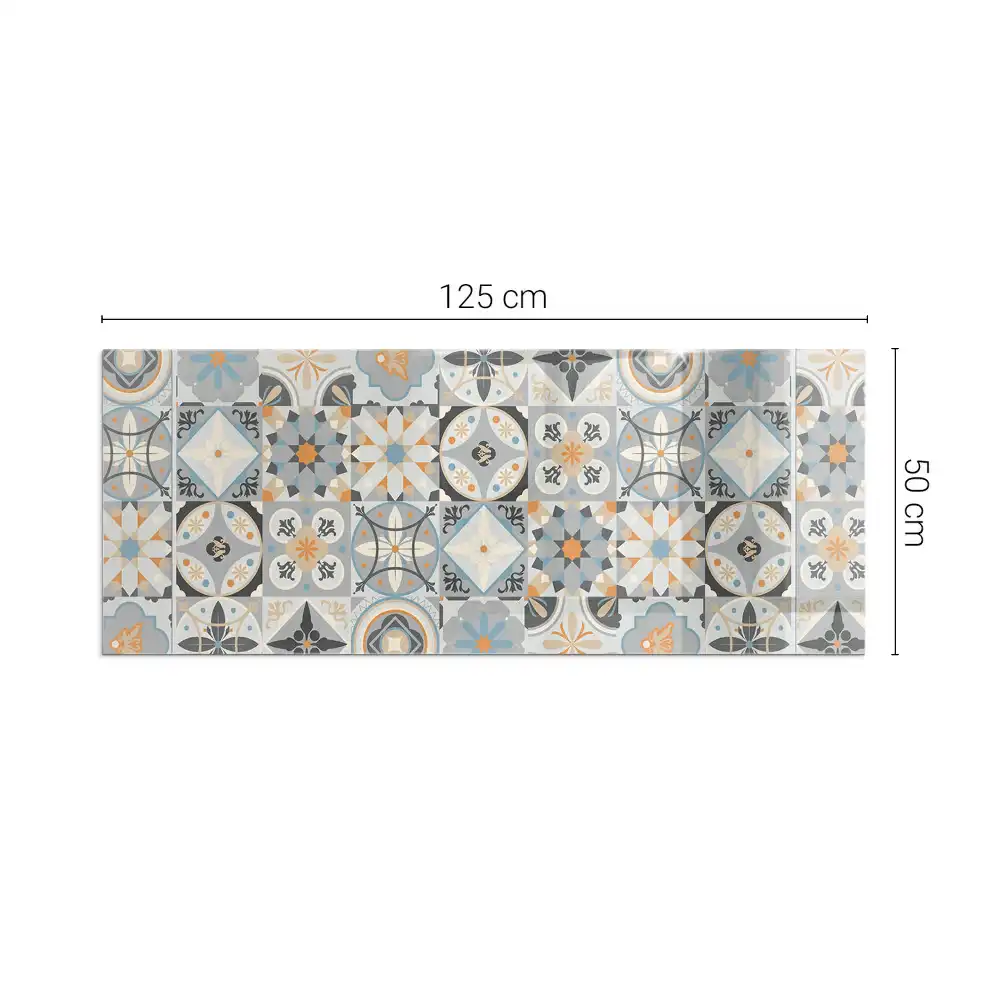 Plaque de sol rectangulaire en verre pour cheminée d'angle avec motif mosaïque