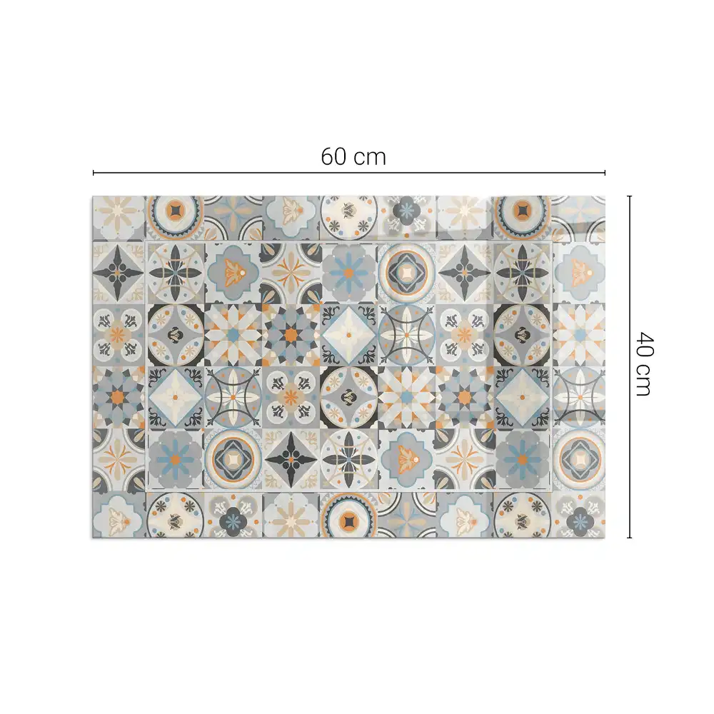 Plaque de sol rectangulaire en verre pour cheminée d'angle avec motif mosaïque