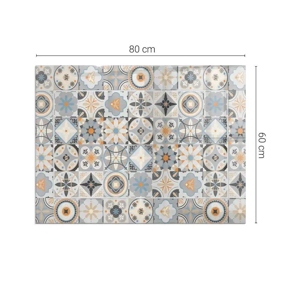 Plaque de sol rectangulaire en verre pour cheminée d'angle avec motif mosaïque