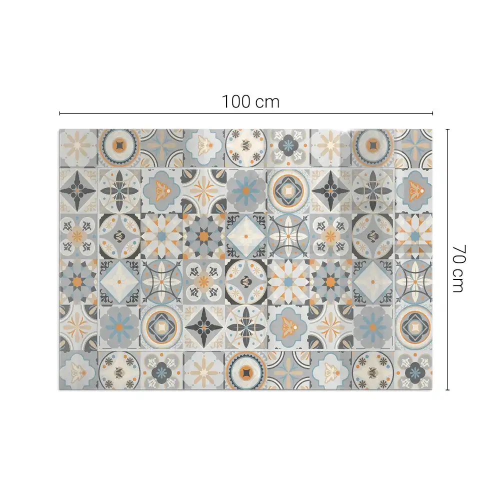 Plaque de sol rectangulaire en verre pour cheminée d'angle avec motif mosaïque