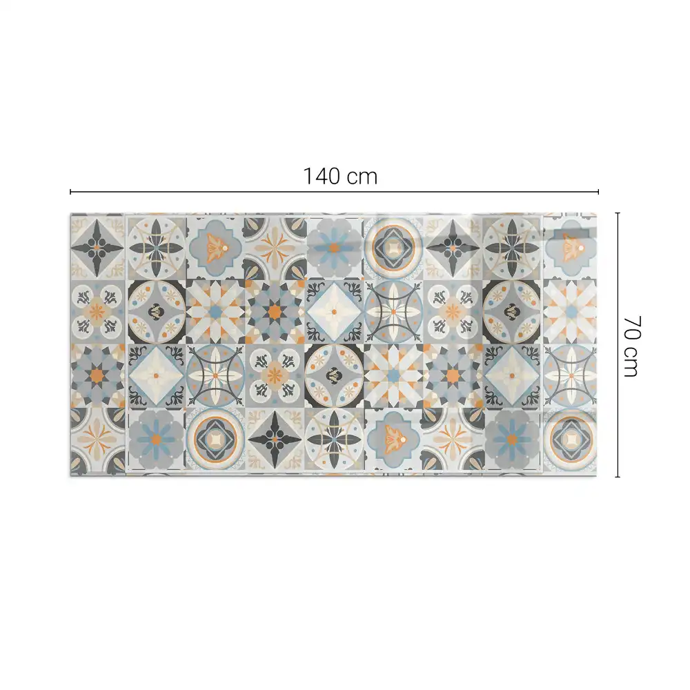 Plaque de sol rectangulaire en verre pour cheminée d'angle avec motif mosaïque