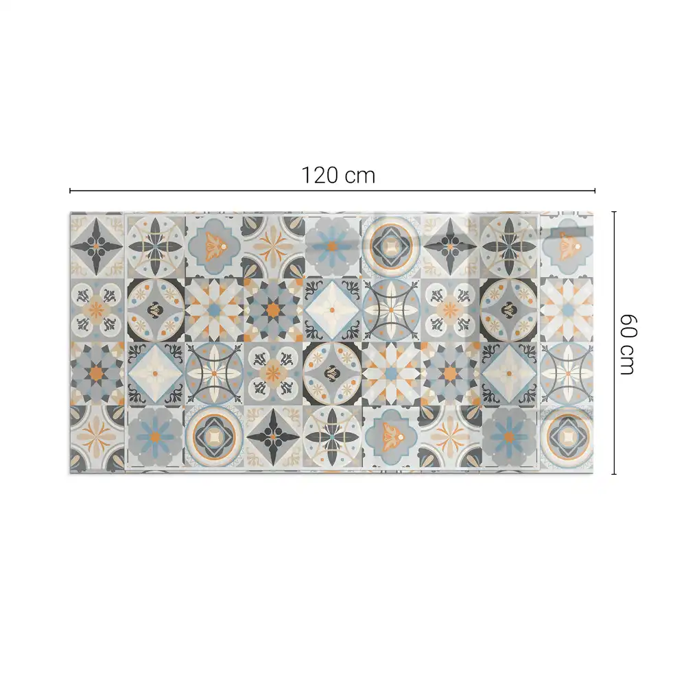 Plaque de sol rectangulaire en verre pour cheminée d'angle avec motif mosaïque