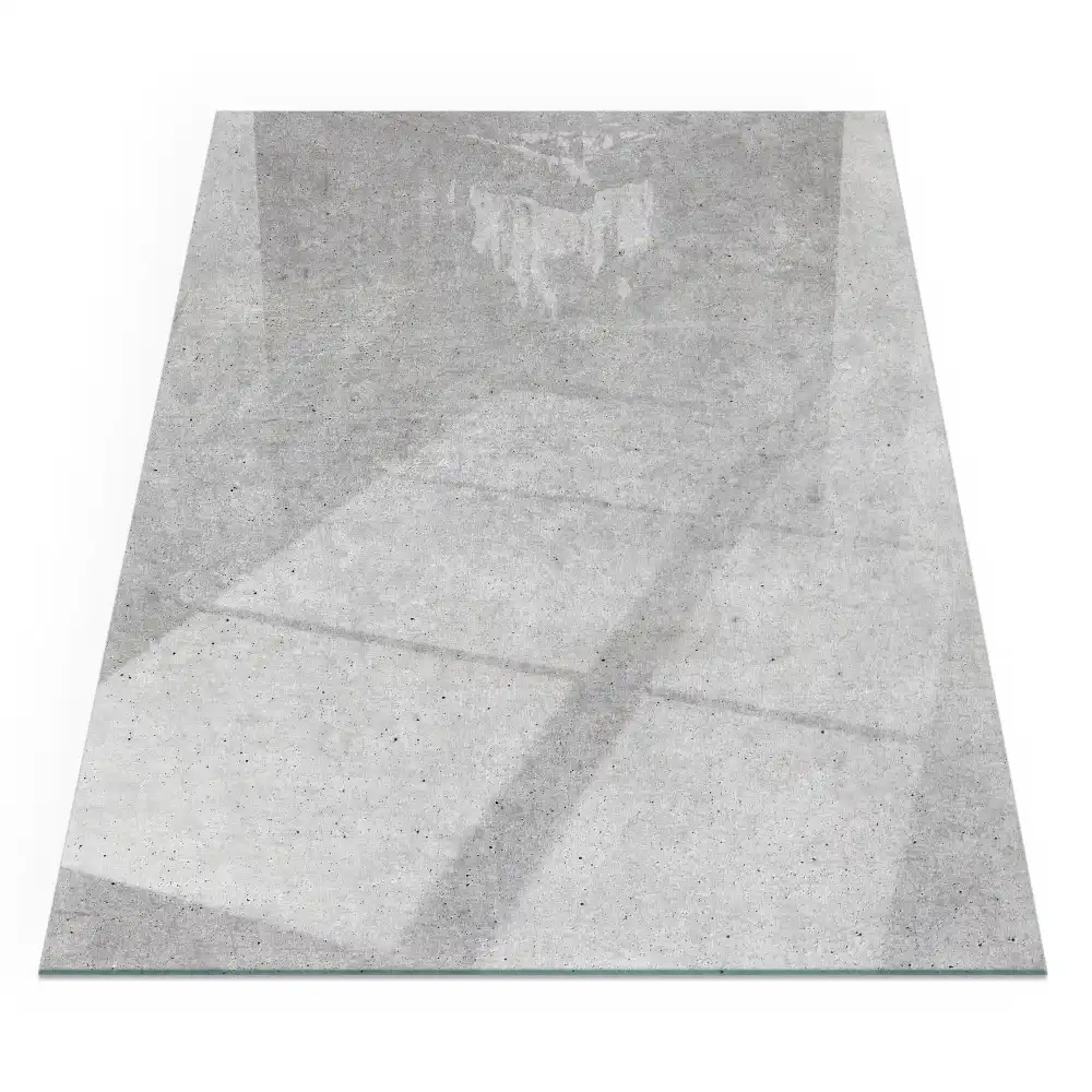 Plaque de sol rectangulaire pour cheminée d'angle en verre avec motif béton brut