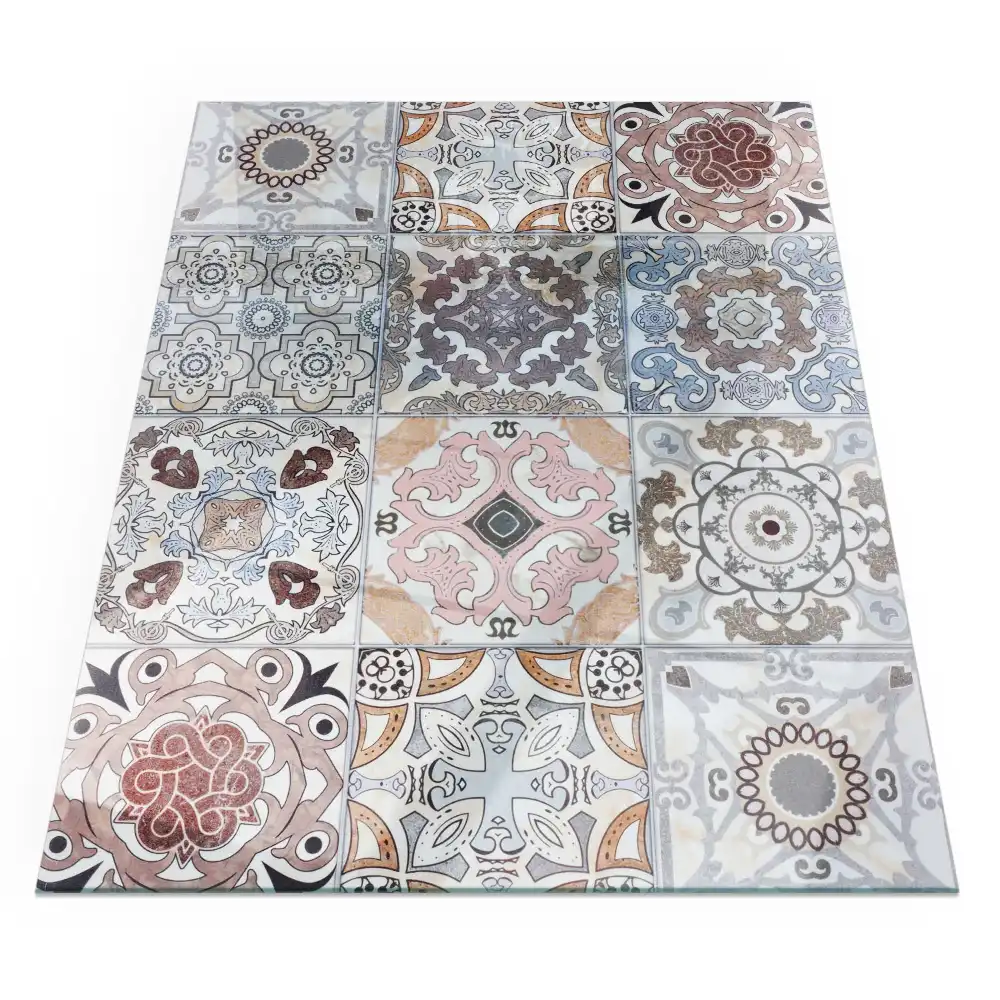Plaque de sol rectangulaire pour cheminée d'angle en verre avec motifs mosaïque