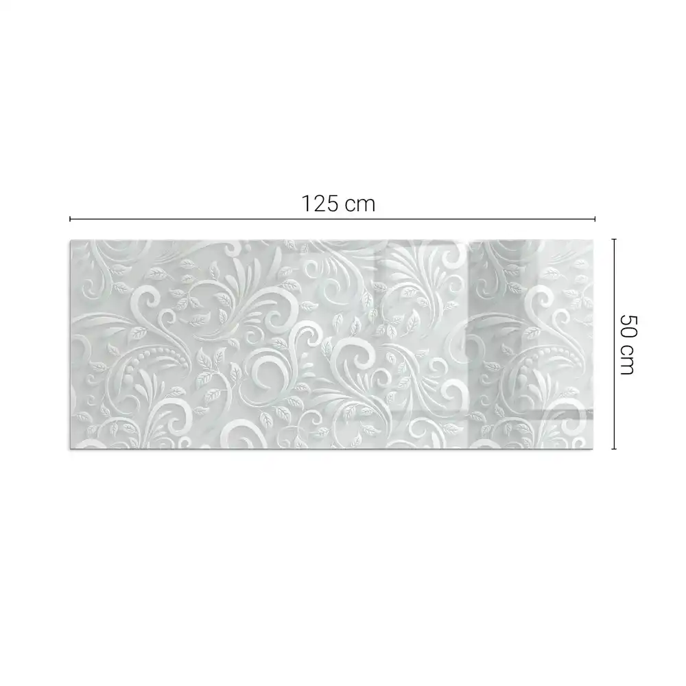Plaque de sol rectangulaire en verre pour cheminée d'angle avec motif végétal