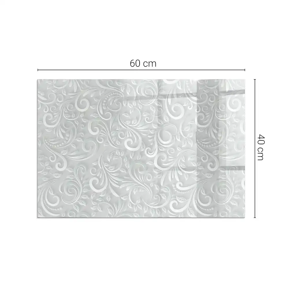 Plaque de sol rectangulaire en verre pour cheminée d'angle avec motif végétal