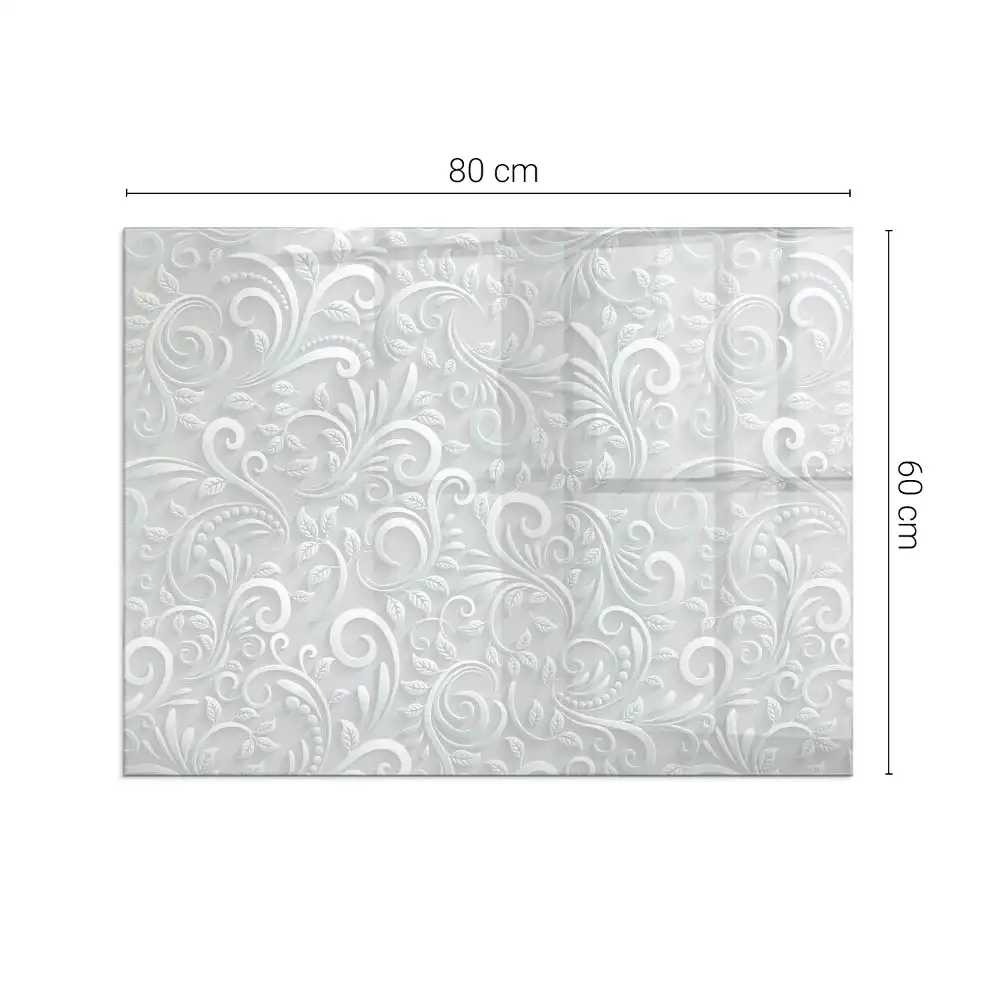Plaque de sol rectangulaire en verre pour cheminée d'angle avec motif végétal