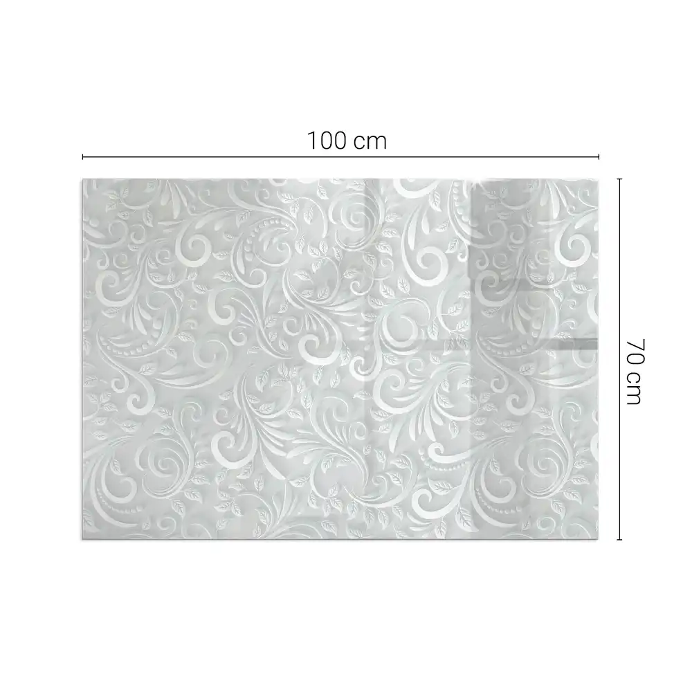 Plaque de sol rectangulaire en verre pour cheminée d'angle avec motif végétal