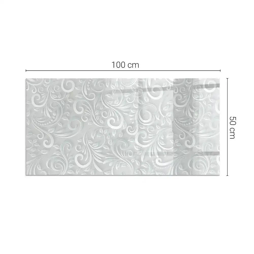 Plaque de sol rectangulaire en verre pour cheminée d'angle avec motif végétal