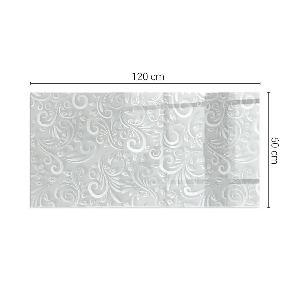 Plaque de sol rectangulaire en verre pour cheminée d'angle avec motif végétal