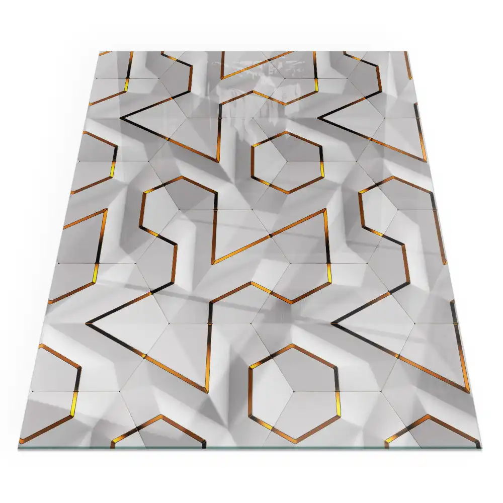 Plaque de sol rectangulaire en verre pour cheminée d'angle avec motif géométrique 3D