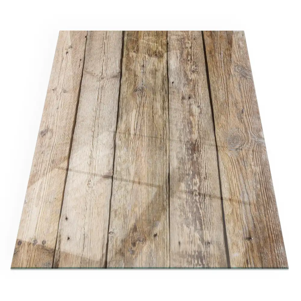 Plaque de sol rectangulaire en verre pour cheminée d'angle aspect bois naturel