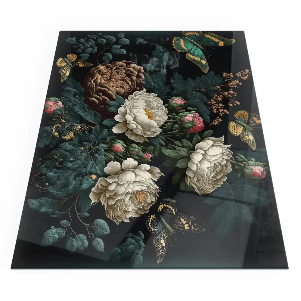 Plaque de sol rectangulaire pour cheminée d'angle en verre avec motif floral et papillons