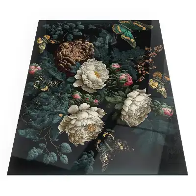 Plaque de sol rectangulaire pour cheminée d'angle en verre avec motif floral et papillons