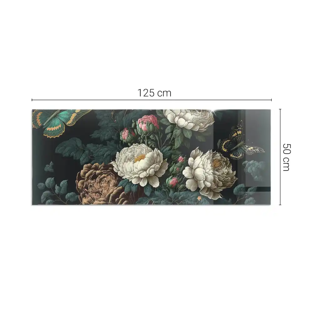 Plaque de sol rectangulaire pour cheminée d'angle en verre avec motif floral et papillons