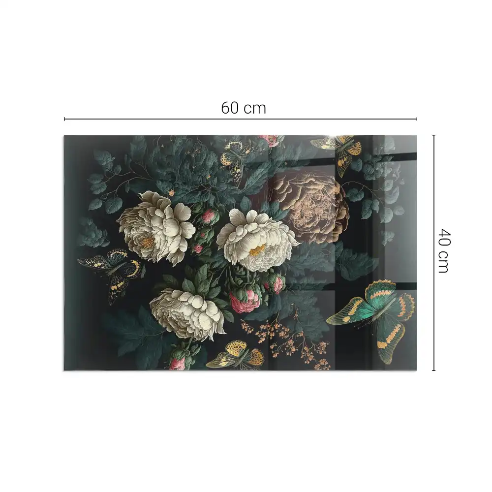 Plaque de sol rectangulaire pour cheminée d'angle en verre avec motif floral et papillons