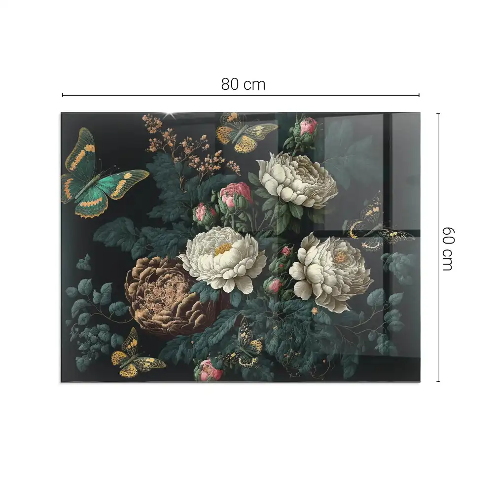 Plaque de sol rectangulaire pour cheminée d'angle en verre avec motif floral et papillons
