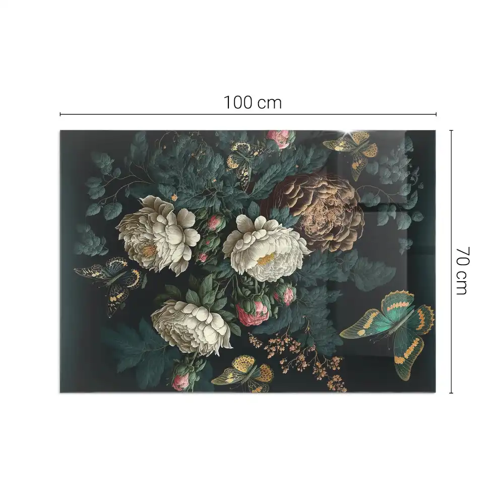 Plaque de sol rectangulaire pour cheminée d'angle en verre avec motif floral et papillons