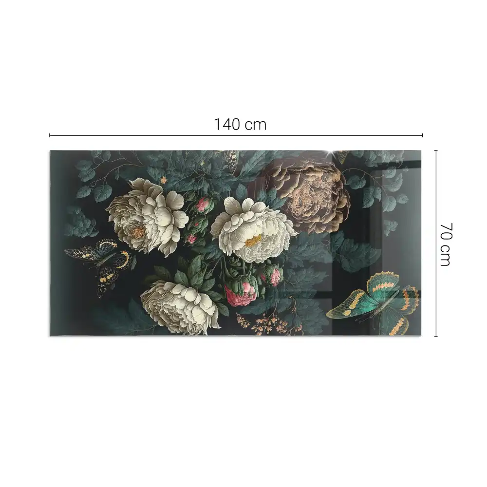 Plaque de sol rectangulaire pour cheminée d'angle en verre avec motif floral et papillons