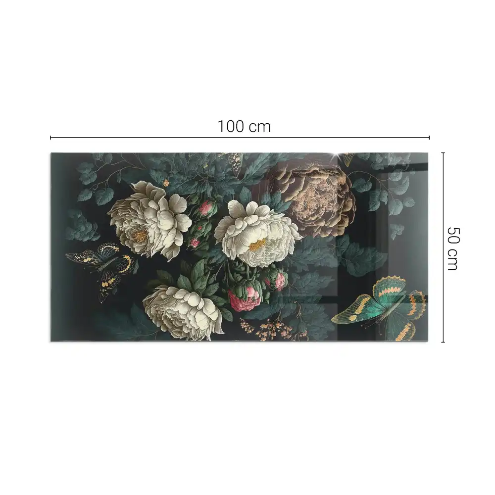 Plaque de sol rectangulaire pour cheminée d'angle en verre avec motif floral et papillons