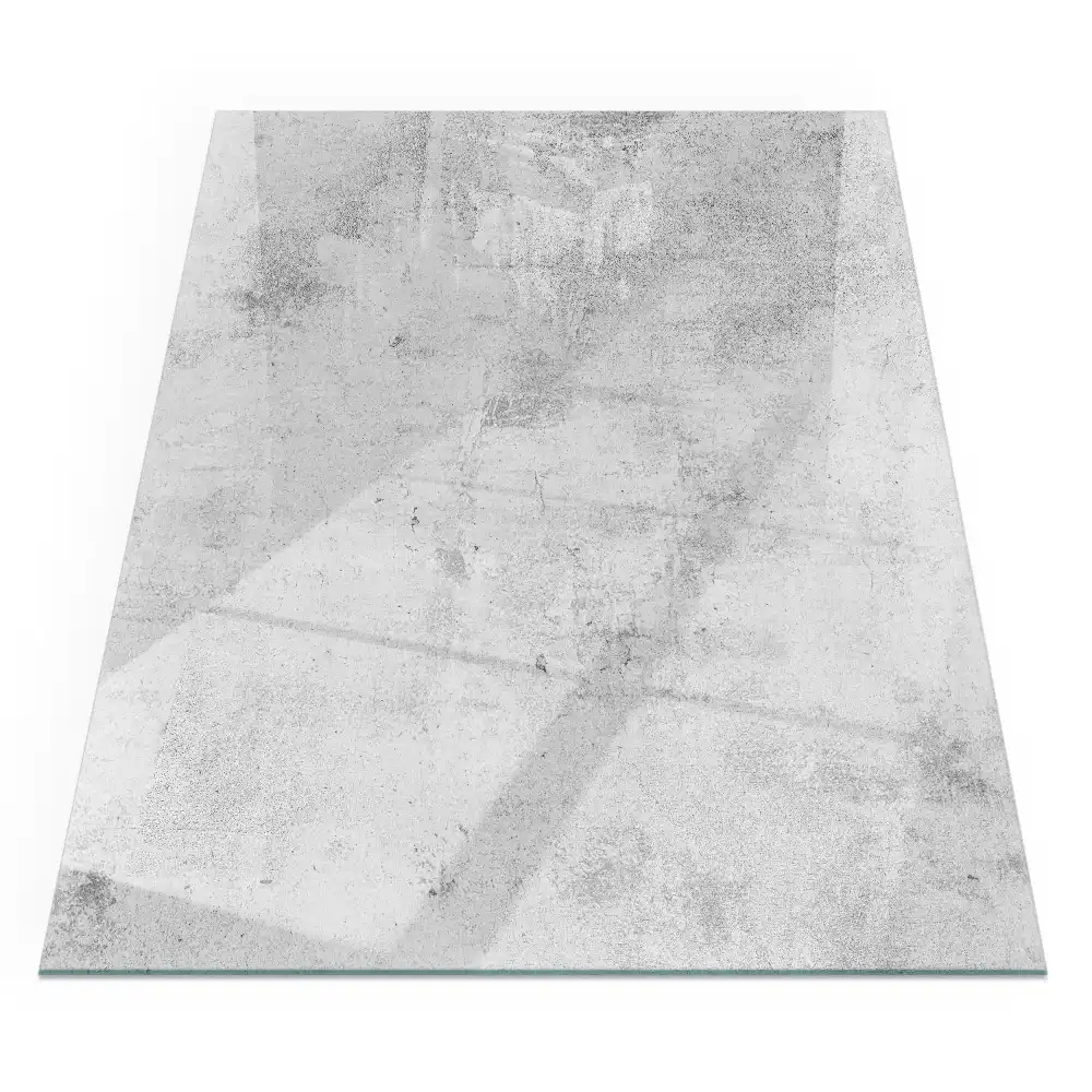 Plaque de sol rectangulaire en verre pour cheminée d'angle aspect béton brut