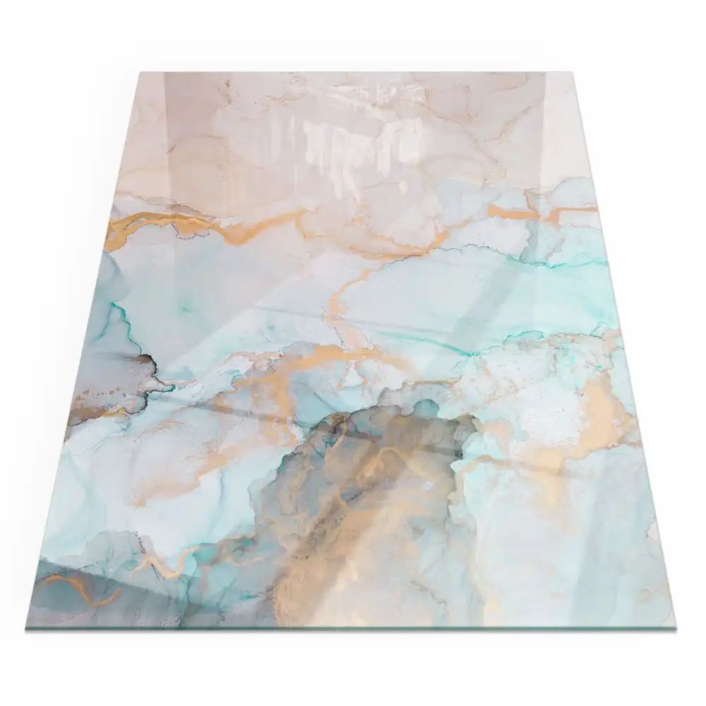 Plaque de sol rectangulaire en verre pour cheminée d'angle motif fluide abstrait