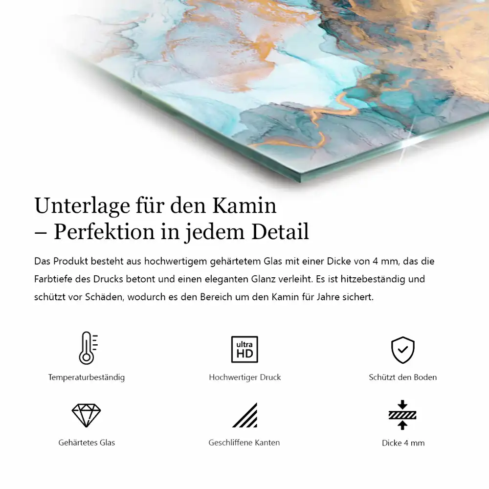 Plaque de sol rectangulaire en verre pour cheminée d'angle motif fluide abstrait