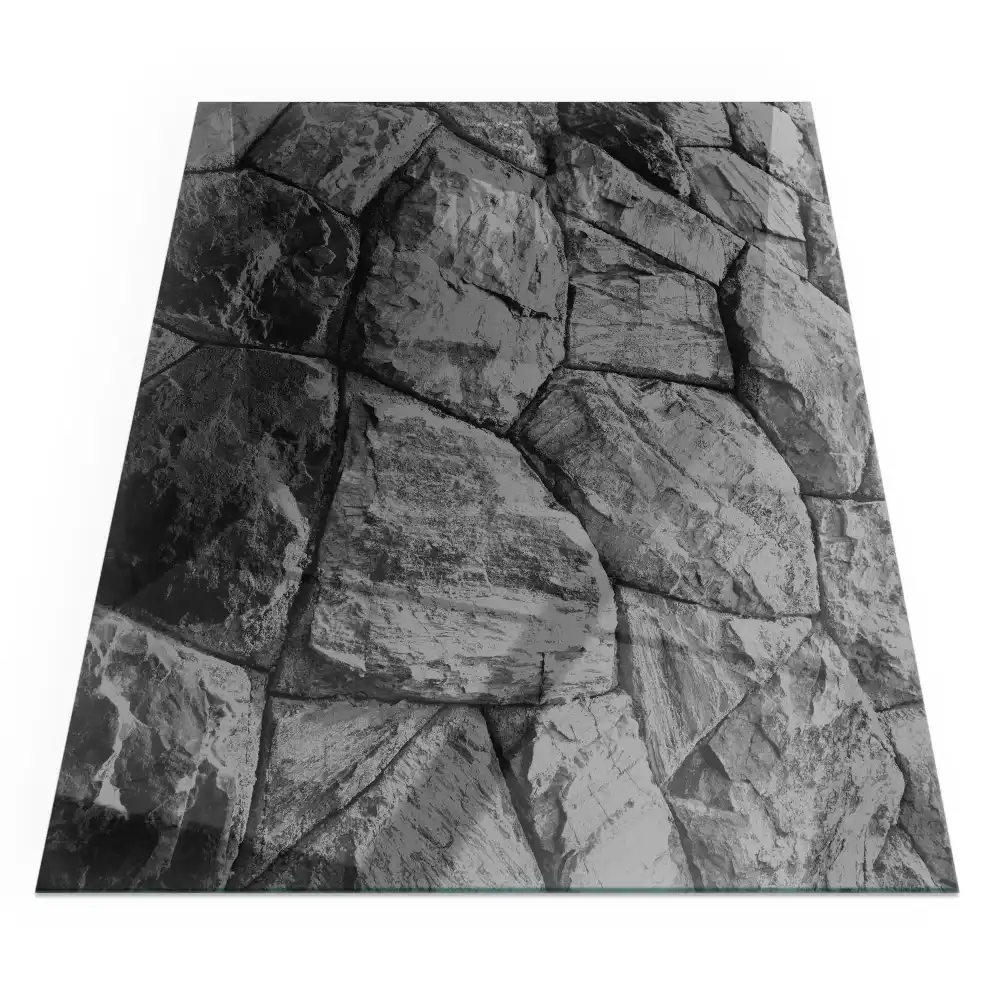 Plaque de sol rectangulaire en verre pour cheminée d'angle avec motif pierre naturelle
