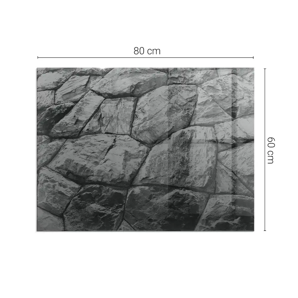 Plaque de sol rectangulaire en verre pour cheminée d'angle avec motif pierre naturelle
