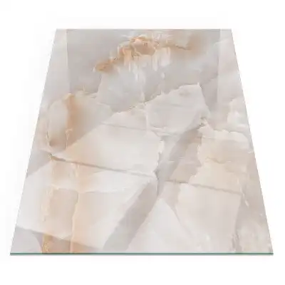 Plaque de sol rectangulaire en verre pour cheminée d'angle avec motif pierre naturelle