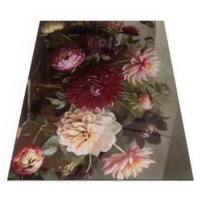 Plaque de sol rectangulaire en verre pour cheminée d'angle avec motif bouquet de fleurs