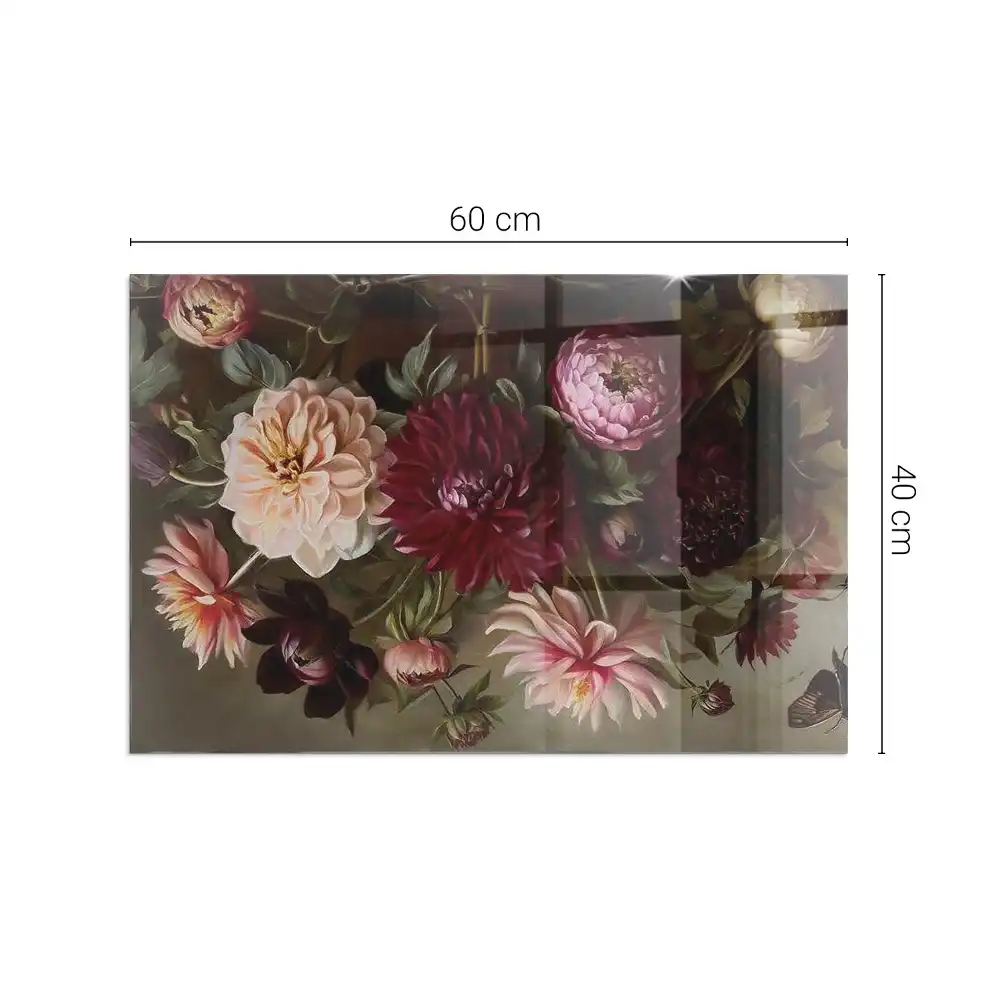 Plaque de sol rectangulaire en verre pour cheminée d'angle avec motif bouquet de fleurs