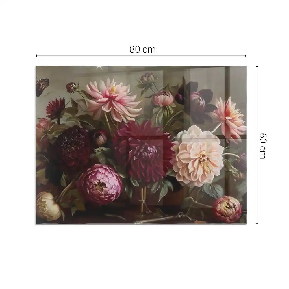 Plaque de sol rectangulaire en verre pour cheminée d'angle avec motif bouquet de fleurs