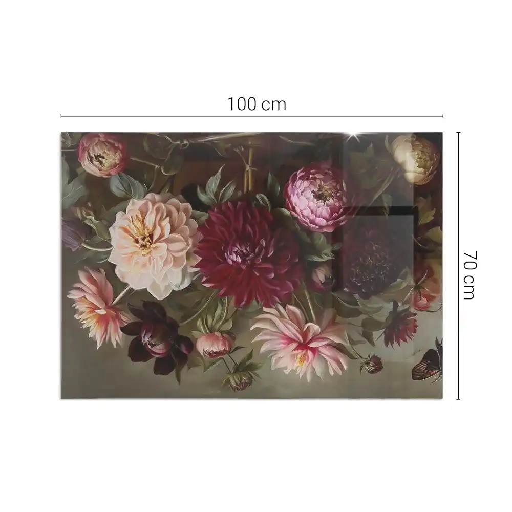 Plaque de sol rectangulaire en verre pour cheminée d'angle avec motif bouquet de fleurs