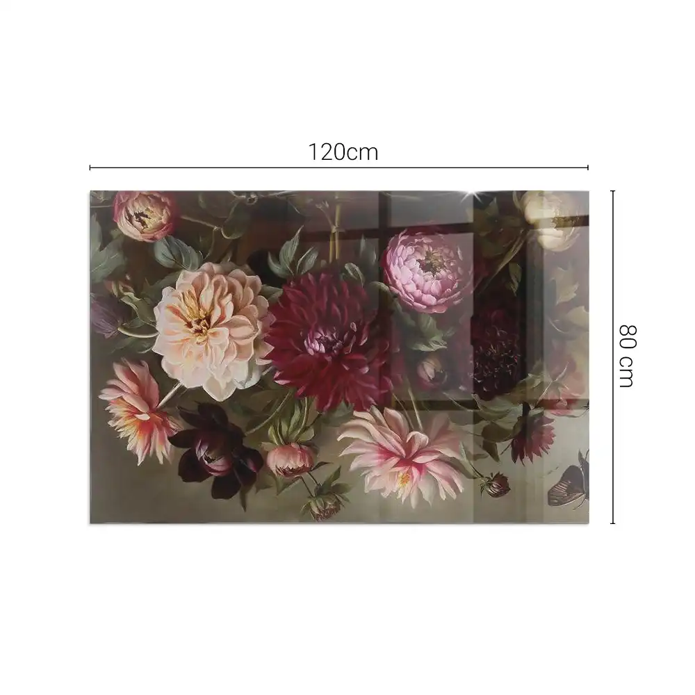 Plaque de sol rectangulaire en verre pour cheminée d'angle avec motif bouquet de fleurs