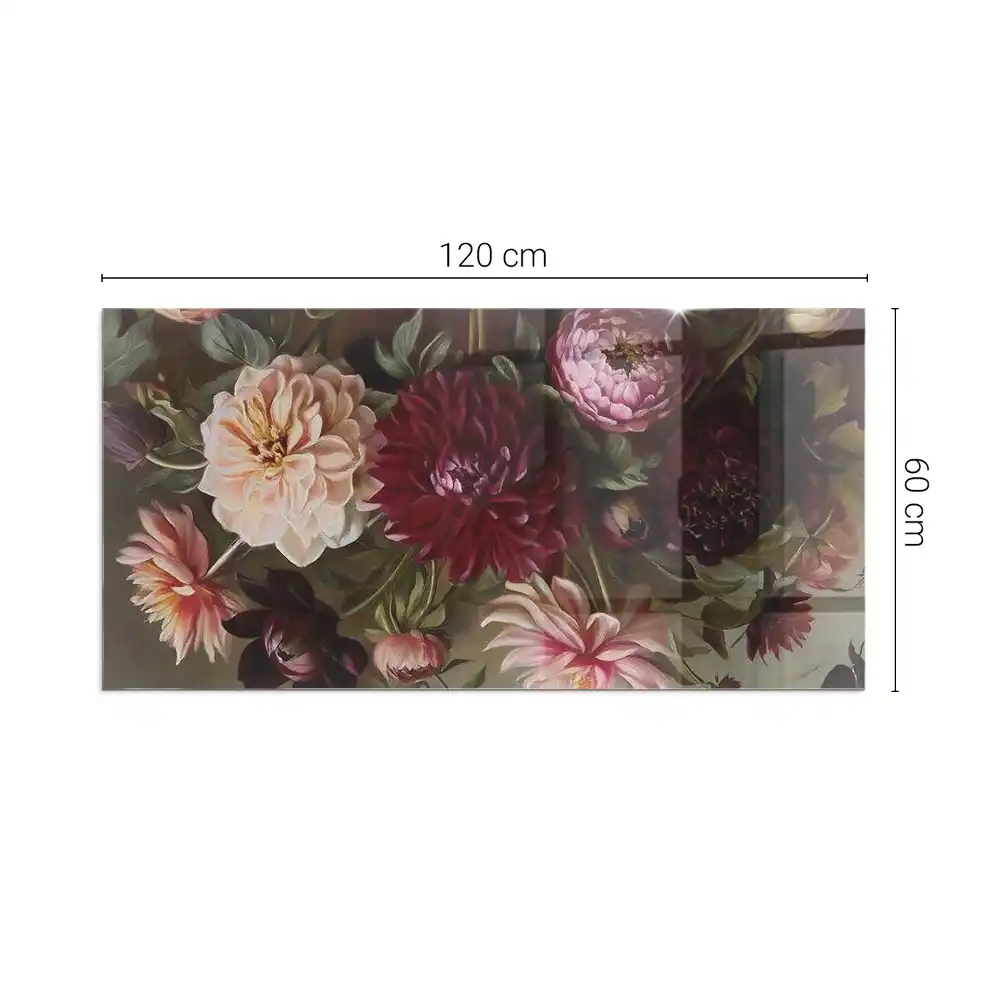 Plaque de sol rectangulaire en verre pour cheminée d'angle avec motif bouquet de fleurs